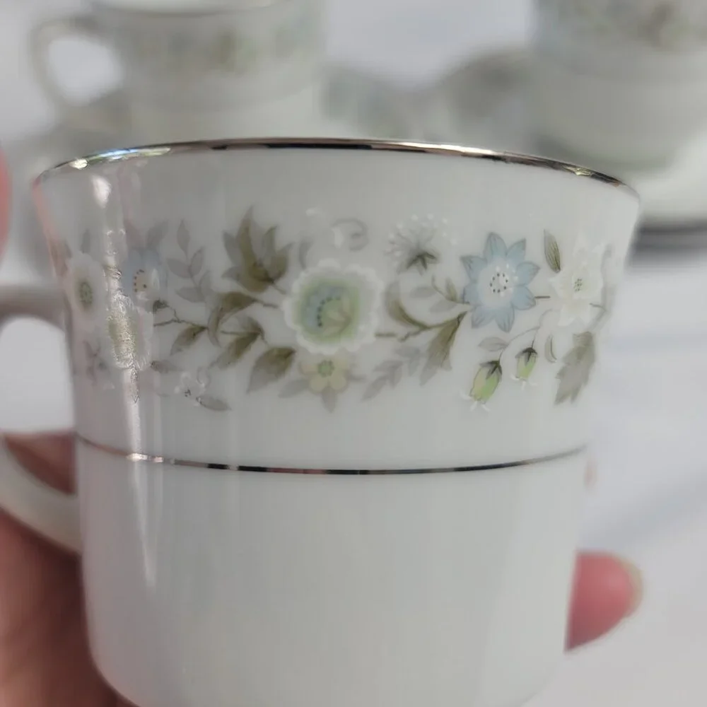 FOUR Imperial China Wild Flower Cup & Saucer Sets Green Blue & White Flowers